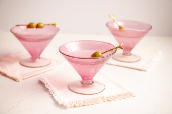 Raspberry Catalina Short Martini Glasses on fringed dinner napkins
