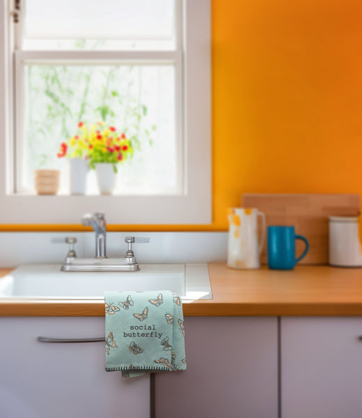 Butterfly fiona tea towel on a sink