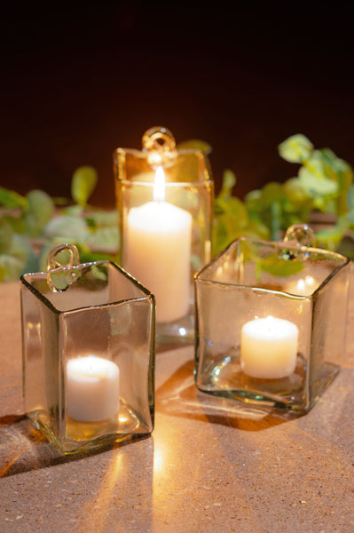 Hand Blown Hanging Glass Vases with candles inside