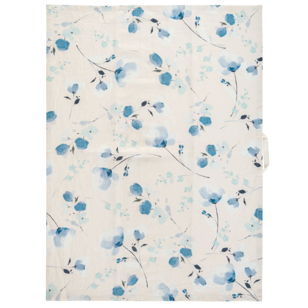 Blue floral linen blend tea towel unfolded view