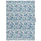 Blue botanical linen blend tea towel unfolded view