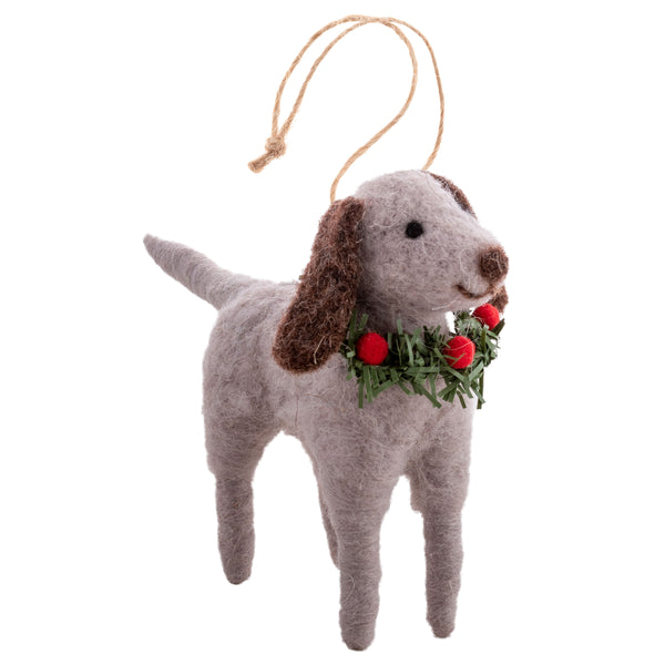 Holiday Hounds Ornament wearing wreath 