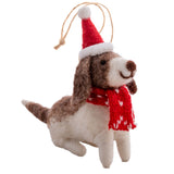 Holiday Hound ornament wearing red scarf and Santa hat