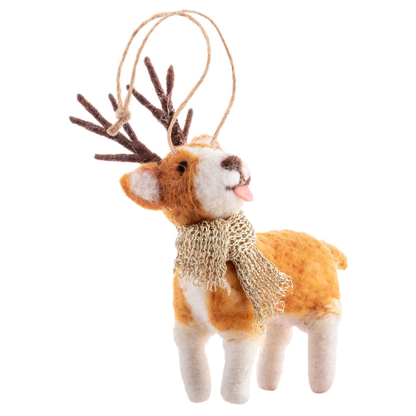 Light brown and white reindeer dog felt ornament