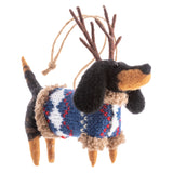 Black and brown reindeer dog felt ornament wearing a sweater
