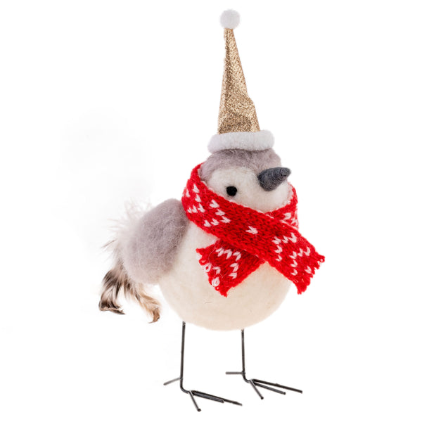Bird wearing red scarf and gold hat felt ornament