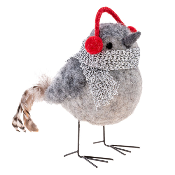 Bird wearing silver scarf and red headphones felt ornament