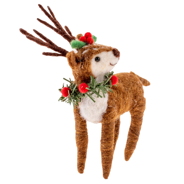 Deer ornament wearing a wreath and holly hat