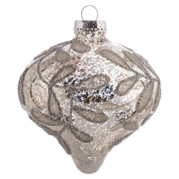 4.5" Silver Mercury Glitter Leaf Glass Ornaments