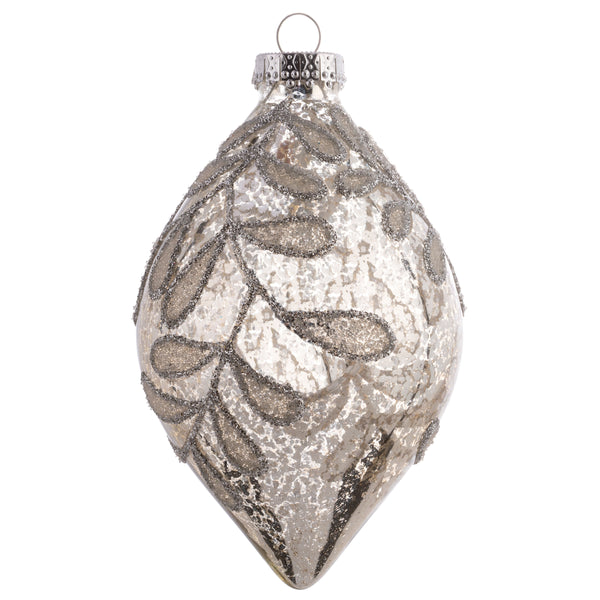 5.5" Silver Mercury Glitter Leaf Glass Ornaments