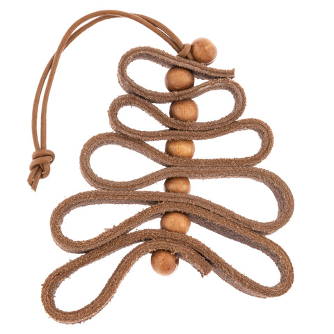 Small dark brown leather beaded tree ornament