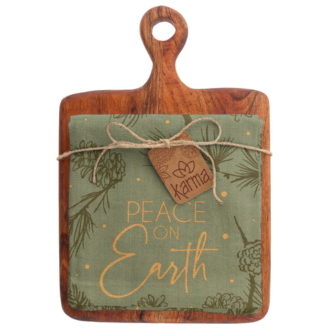 Peace on Earth Light Green Holiday Tea Towels w/ Cutting Board
