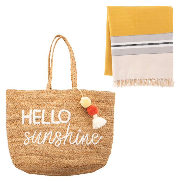 Hello sunshine jute beach bag with throw bundle