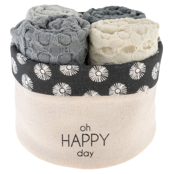 Oh Happy Day Waffle Weave Dishcloth Set With Canvas Holder