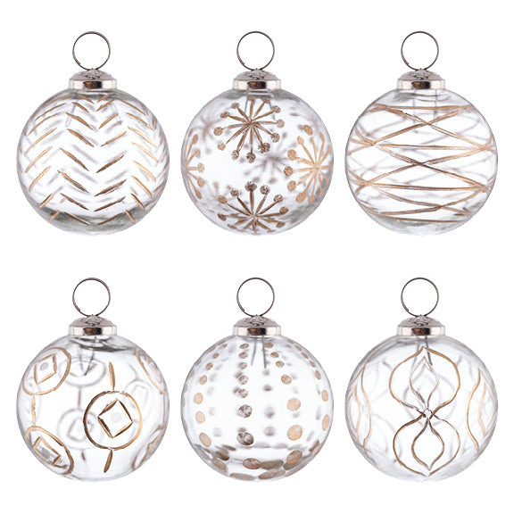 Gold set of 6 Etched Glass Ornament Gift Box