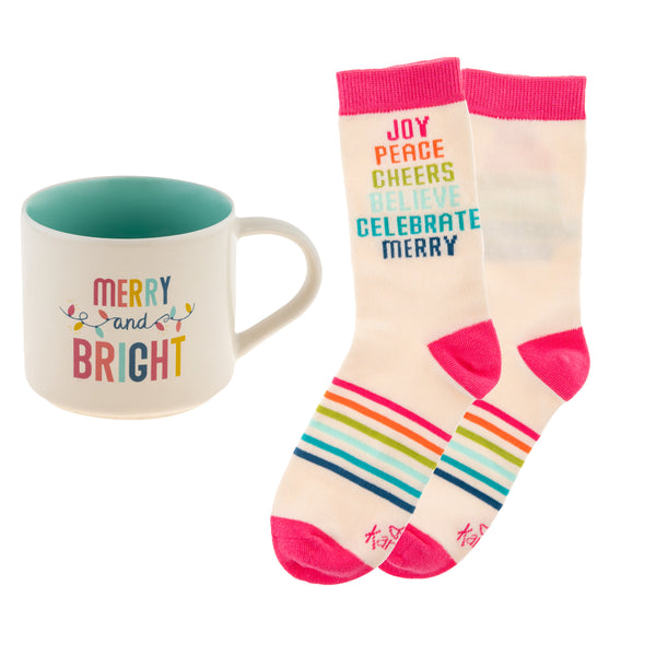 Merry and Bright Holiday Mug & Sock Gift Box Set