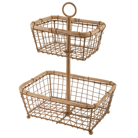 Champagne gold square metal & cane 2-tiered stand