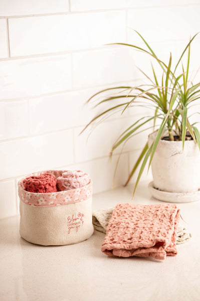 Bloom Waffle Weave Dishcloth Set With Canvas Holder on a table