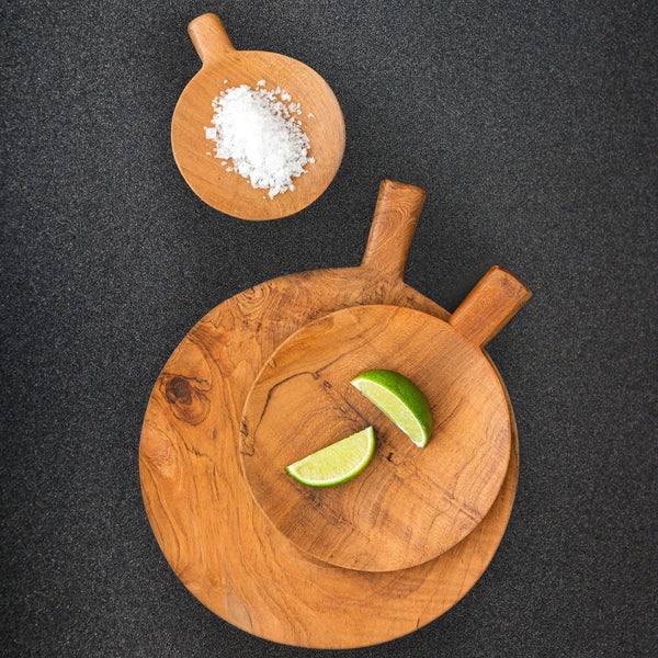Bali teak paddle tray set of 3 with salt and limes