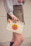 Woman holding good vibes only cotton canvas carry all