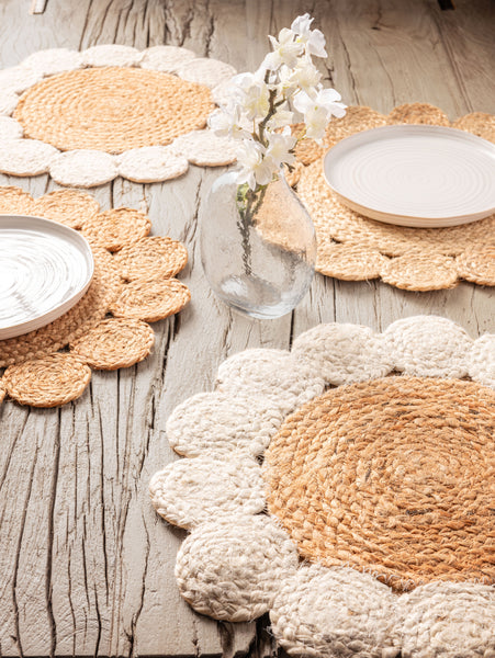 Jute floral placemats on a table