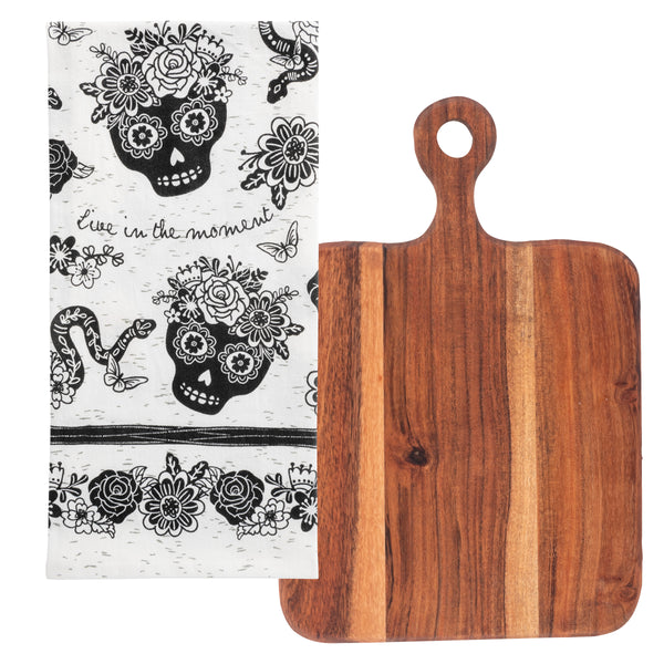 Sugar skull boho tea towels with cutting board