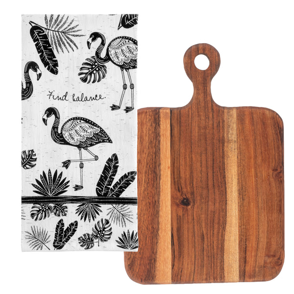 Flamingo boho tea towels with cutting board