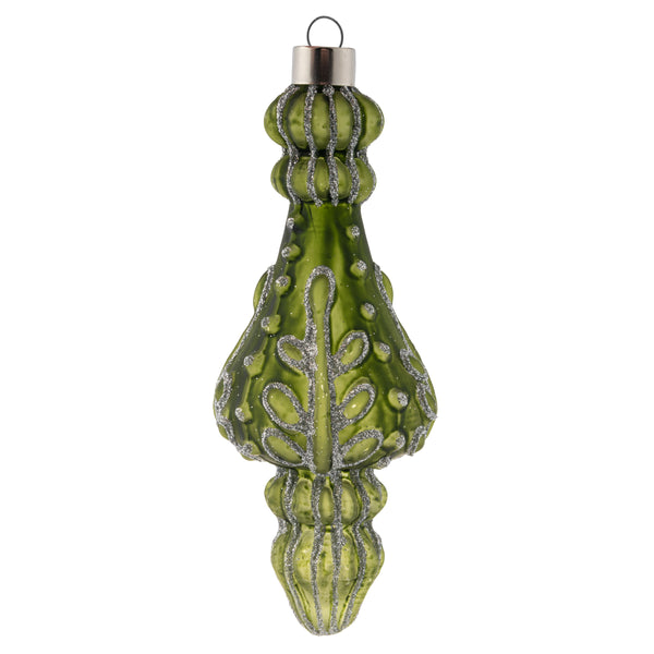 Drop silver glitter glass finial ornament sage
