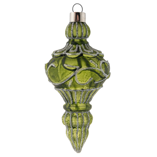 Scroll silver glitter glass finial ornament sage