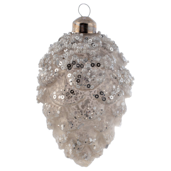 Medium glittered glass pinecone white ornament