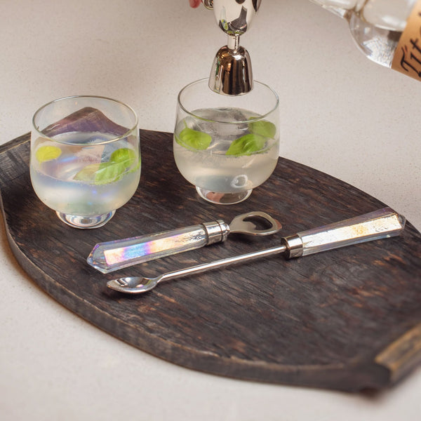 Black wood serving tray with bar tools