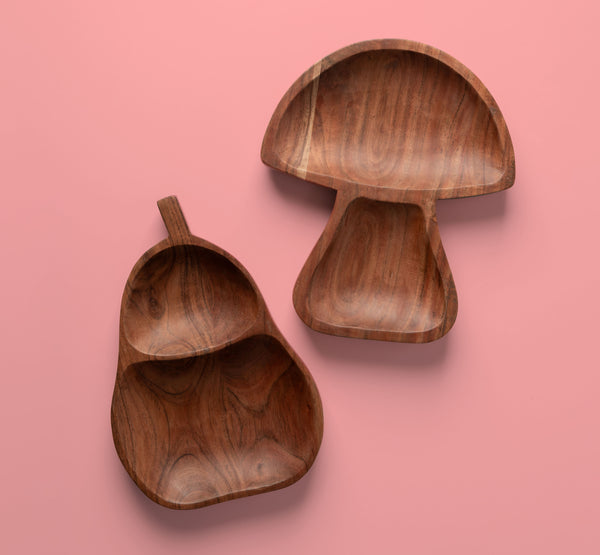 Pear and Mushroom Shaped Serving Bowls against a pink background