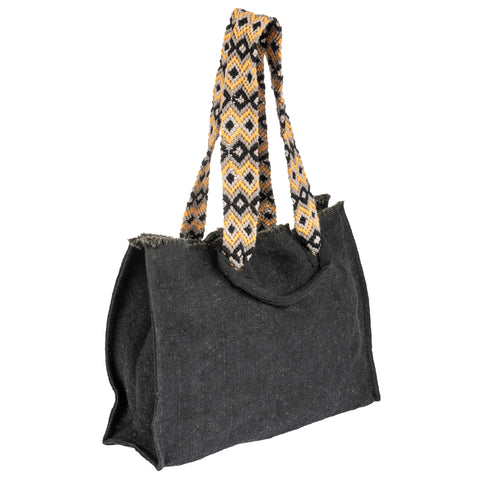 Black Oversized Tote With Hand Woven Straps