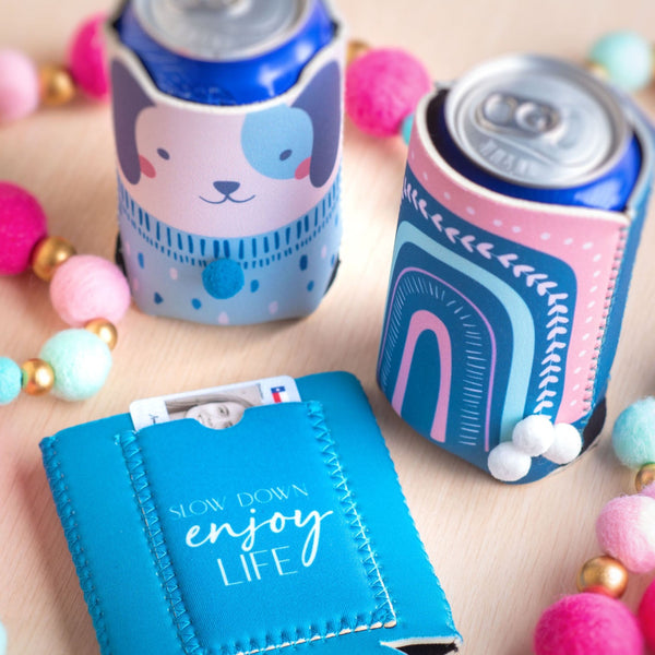 Shaped Can Coolers on a table