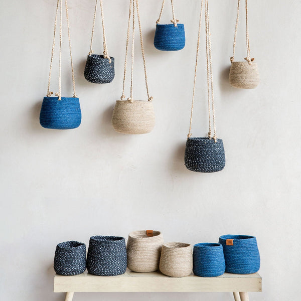 woven baskets on a bench