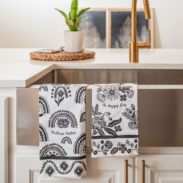 Boho tea towels on a sink